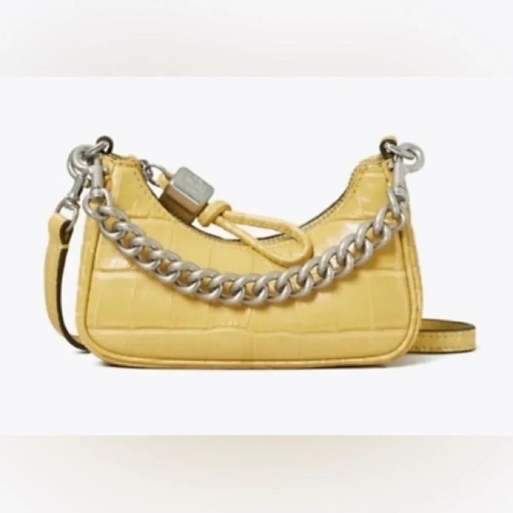 NWT Tory Burch Mercer Embossed Nano Crossbody Bag Beeswax Yellow Mini Chain Croc